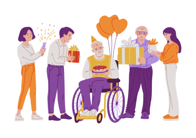 Grandfather in wheelchair with cake and balloons in family circle  Illustration