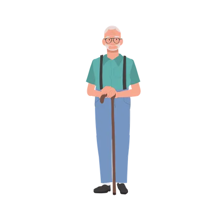 Smiling Elderly Man With Cane Stick Elderly Smiling Man Grandfather Lifestyle Flat Vector Cartoon Illustration Illustration