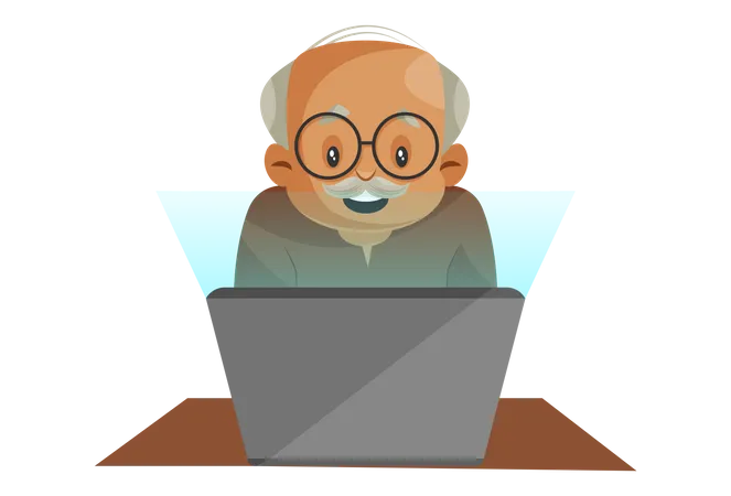 Grandfather Operating Laptop Illustration