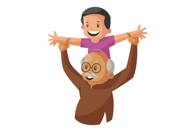 Grandfather Playing with Grandson Illustration