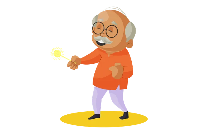 Grandfather Playing with sparkle stick in Diwali Illustration