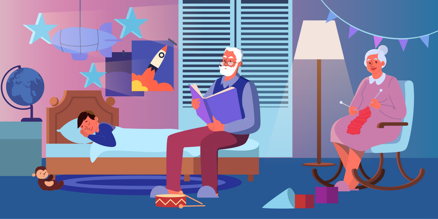 Grandfather reading a book to his grandson  Illustration