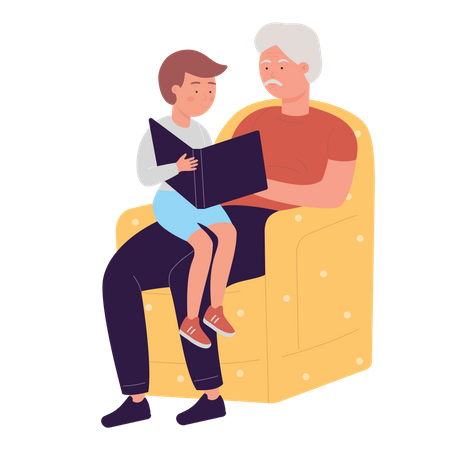 Grandfather reading book for son  Illustration
