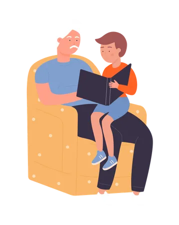 Grandfather reading story to child  Illustration