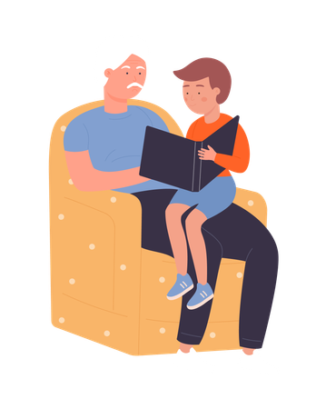 Grandfather reading story to child  Illustration