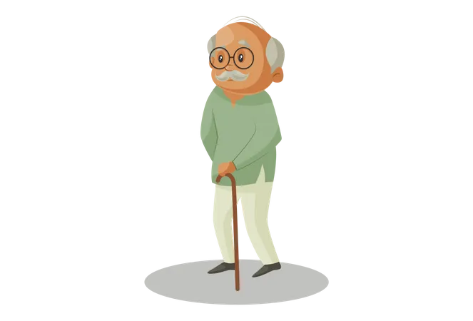 Grandfather standing with Wooden Stick  イラスト