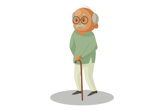 Grandfather standing with Wooden Stick  Illustration