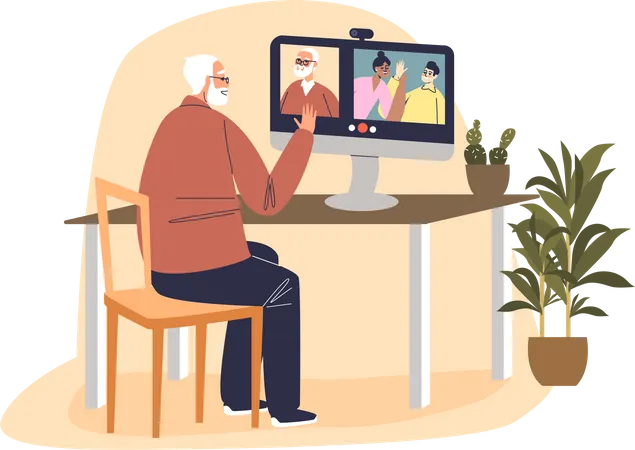Grandfather talking with kids on video call Illustration