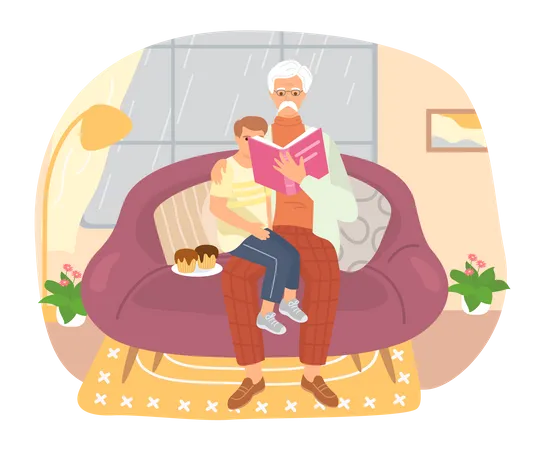 Grandfather telling bedtime story to child  Illustration