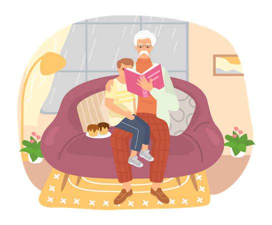 Grandfather telling bedtime story to child  Illustration