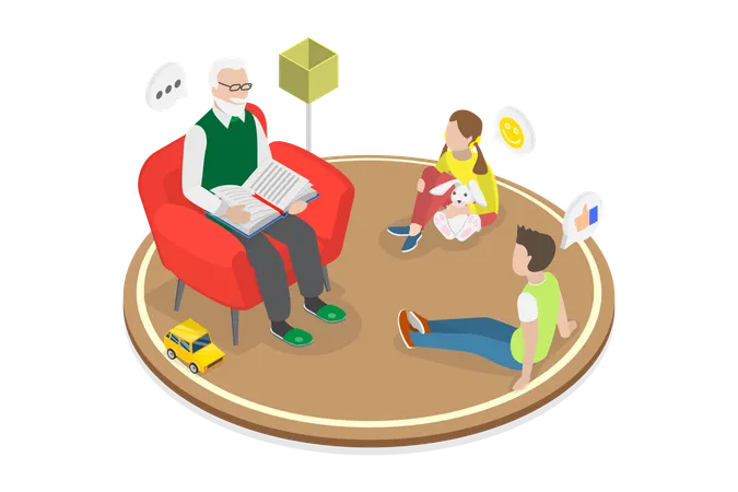 3 D Isometric Flat Vector Conceptual Illustration Of Grandfather Story Visiting Grandparents Illustration