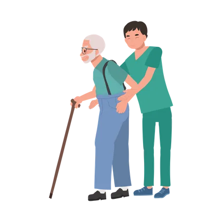 Grandfather Walking Assistance by Happy Male Nurse in Uniform  Illustration