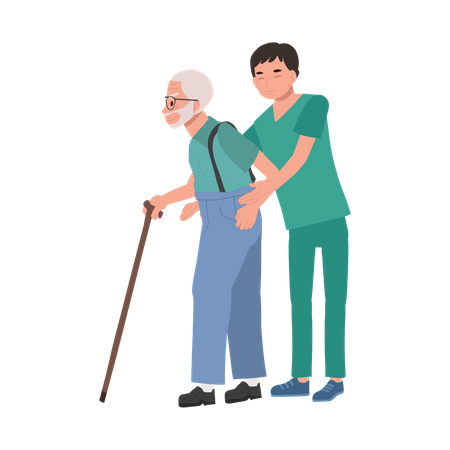 Grandfather Walking Assistance by Happy Male Nurse in Uniform  Illustration