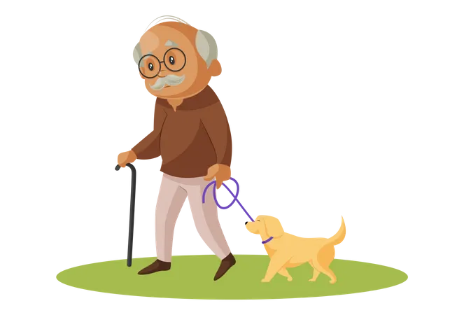 Grandfather walking in park with pet dog  Illustration