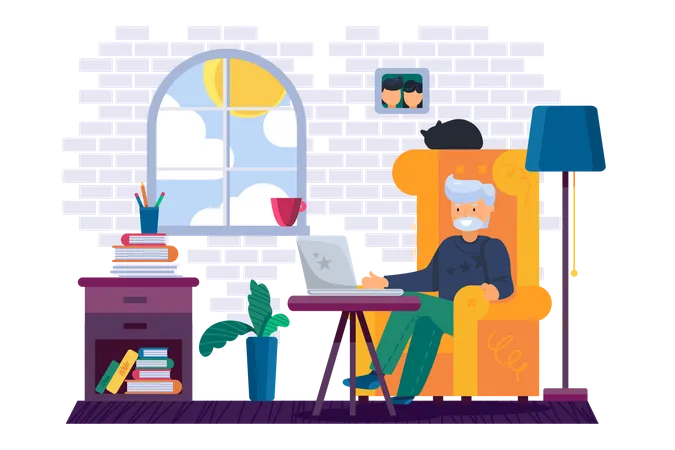 Grandfather working on computer at home Illustration