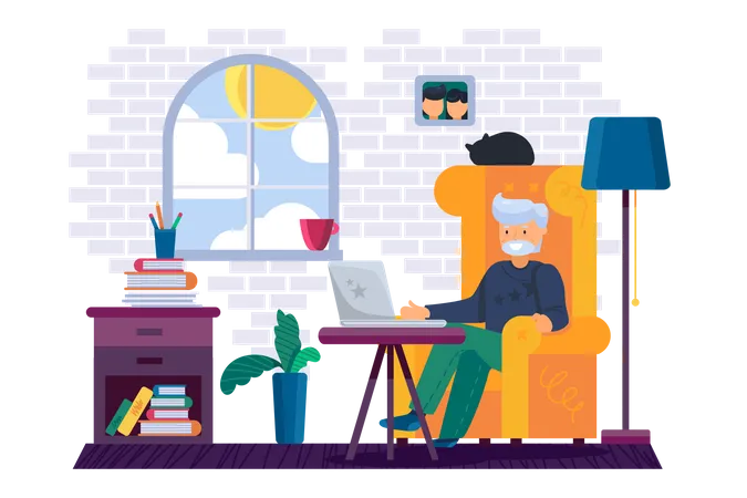 Grandfather working on computer at home  Illustration