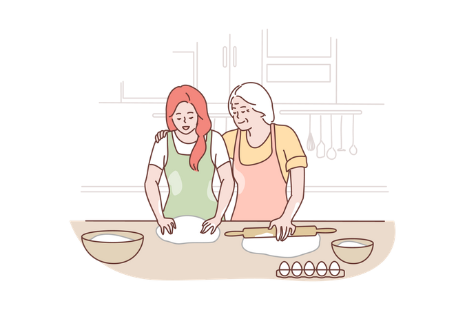 Grandma and grand daughter cooking together  Illustration
