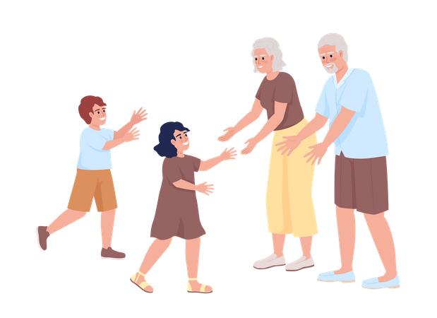 Grandma and grandpa greeting grandchildren  Illustration