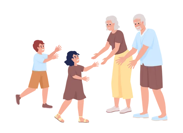 Grandma And Grandpa Greeting Grandchildren Semi Flat Color Vector Characters Editable Figures Full Body People On White Simple Cartoon Style Illustration For Web Graphic Design And Animation Illustration