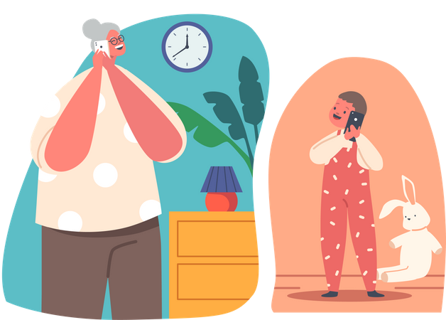 Grandma calling grandson via mobile phone  Illustration