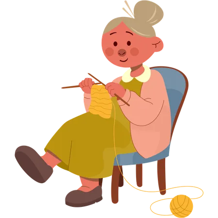 Grandma knitting scarf using wool  Illustration