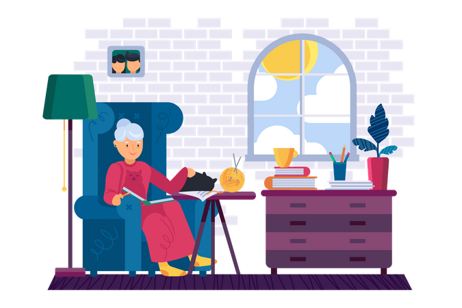 Grandma reading interesting book at home  Illustration