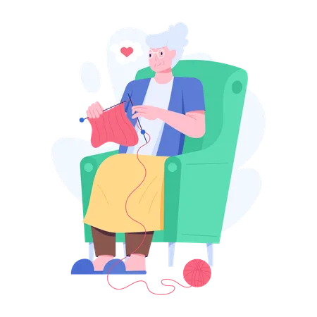 Grandma Thinking while knitting  Illustration