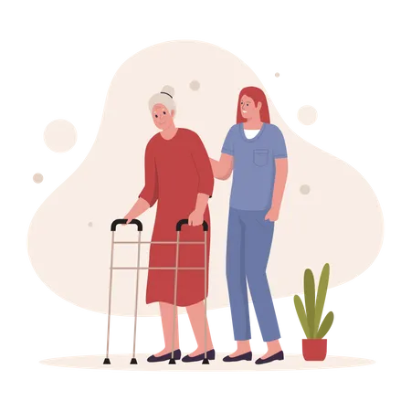Grandma walk with caregiver Illustration