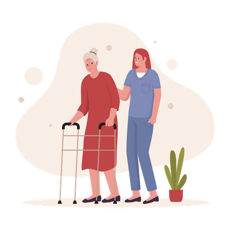 Grandma walk with caregiver  Illustration