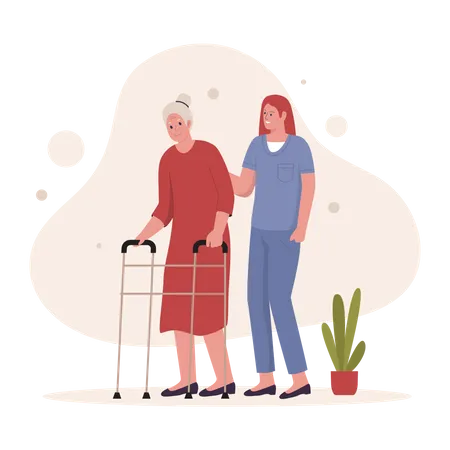 Grandma walk with caregiver  Illustration