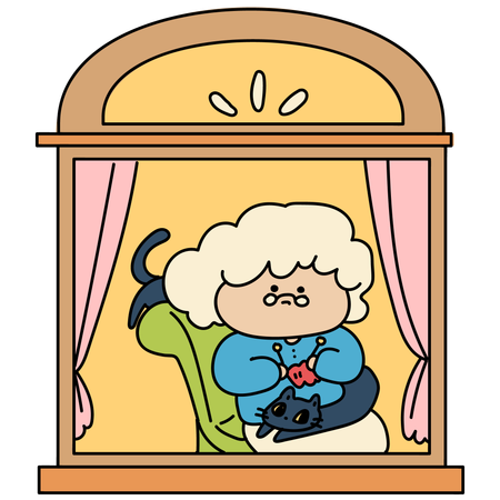 Grandmother And Cat Looking Outside Form Window  Illustration