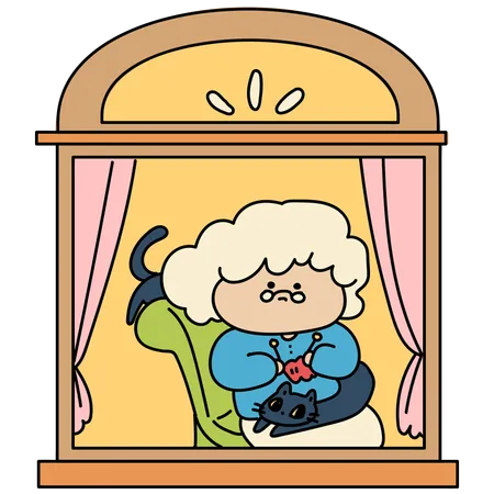 Window With Grandmother And Cat Cartoon Vector Illustration In Line Filled Design Illustration