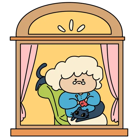 Grandmother And Cat Looking Outside Form Window  Illustration