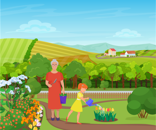 Grandmother and daughter in park  Illustration