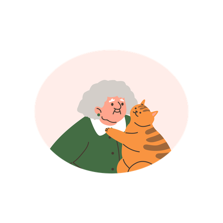 Grandmother and ginger cat in round frame  Illustration