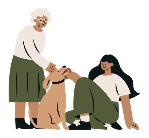 Grandmother and Granddaughter with Dog  Illustration