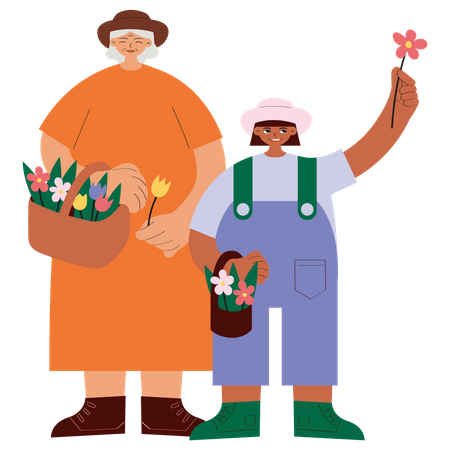 Grandmother and granddaughter with flower basket  Illustration