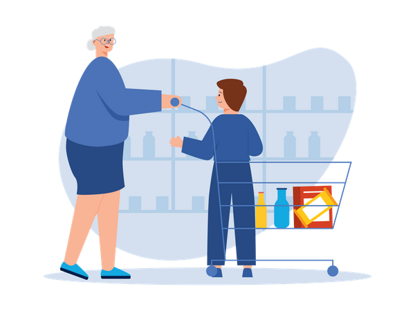 Grandmother and grandson in market  Illustration