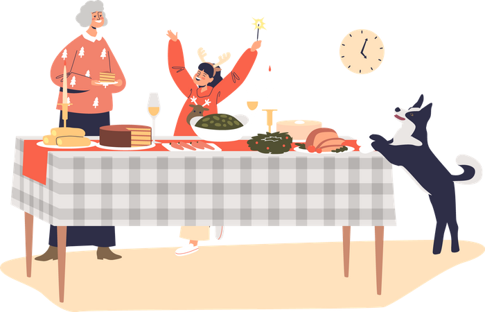 Grandmother and kid girl serving table for christmas  Illustration