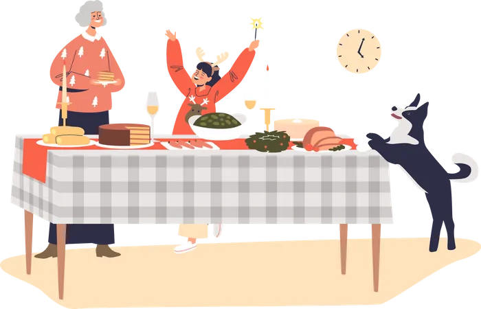Grandmother And Kid Girl Serving Table For Holiday Dinner On Christmas Eve Family Preparing For Xmas Celebration New Year And Winter Holidays Concept Cartoon Flat Vector Illustration Illustration