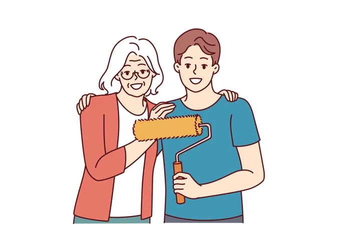 Grandmother Hugging Grandson Doing Repairs And Using Roller To Paint Walls In Apartment And Renovate Interior Elderly Gray Haired Woman Near Young Happy Man Ready To Start Repairs In House Illustration