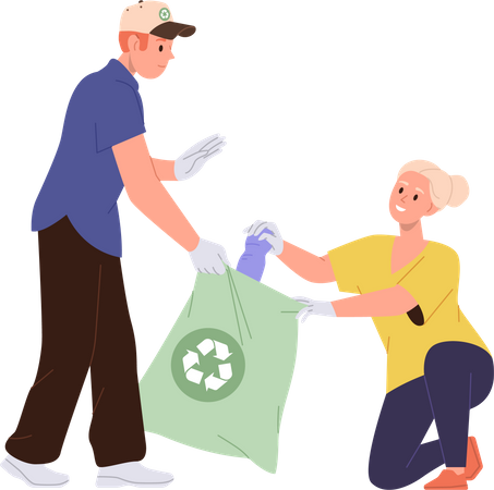 Grandmother and teenager grandson picking plastic waste into eco sack bag  Illustration