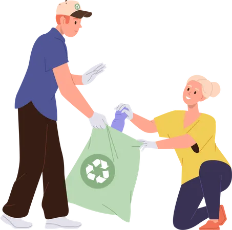 Grandmother and teenager grandson picking plastic waste into eco sack bag  Illustration