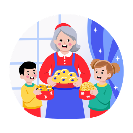 Grandmother baking cookies for children  Illustration