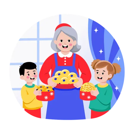 Grandmother baking cookies for children  Illustration