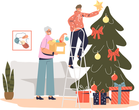 Grandmother decorating christmas tree together with grandson hanging star to pine top  Illustration