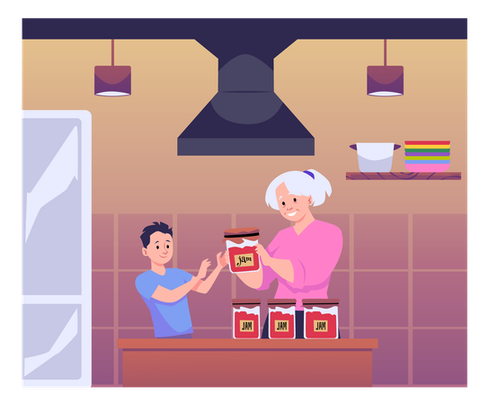 Grandmother gives grandson glass jar with fruit or berry jam  elderly woman regales the boy in the kitchen  Illustration