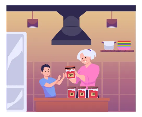 Grandmother gives grandson glass jar with fruit or berry jam  elderly woman regales the boy in the kitchen  Illustration