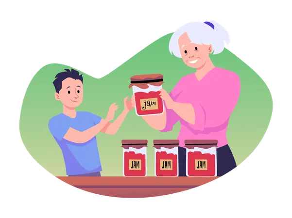 Grandmother gives grandson jar with fruit or berry homemade jam elderly woman regales the boy  Illustration