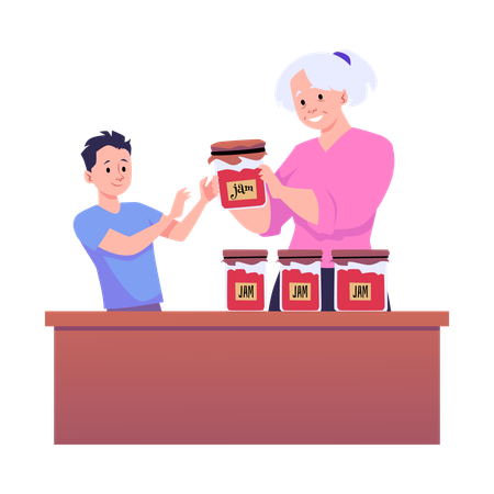 Grandmother gives grandson jar with fruit or berry jam elderly woman regales the boy glass jars  Illustration
